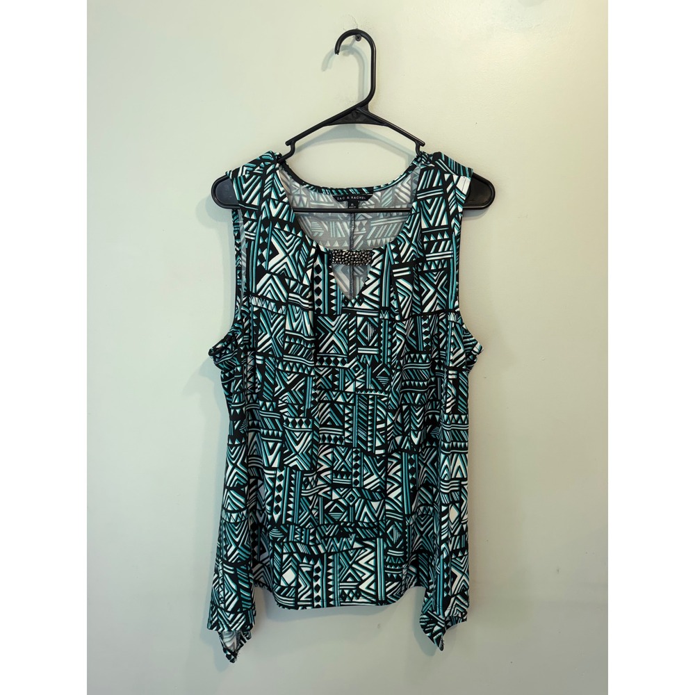Zac & Rachel Womens XL Teal Geometric‎ Tribal Sleeveless Sharkbite Hem Blouse